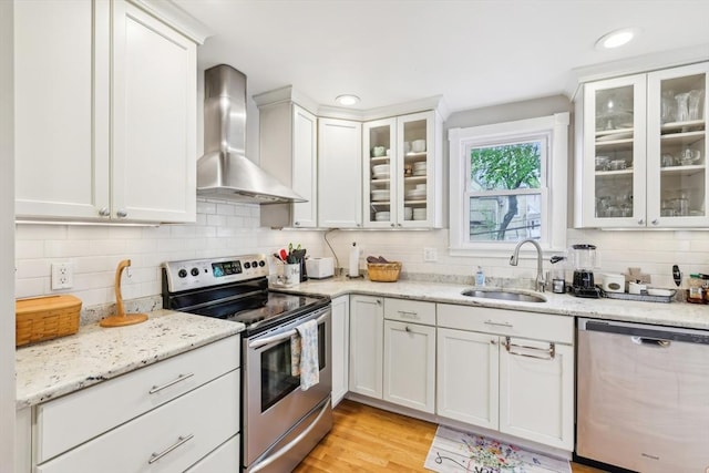 kitchen with a sink, tasteful backsplash, wall chimney exhaust hood, white cabinetry, and appliances with stainless steel finishes
