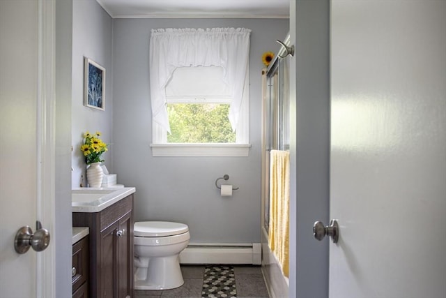 139 Barneyville Rd, Swansea, MA 02777 - full bathroom featuring a baseboard radiator, toilet, vanity, a shower, and tile patterned flooring