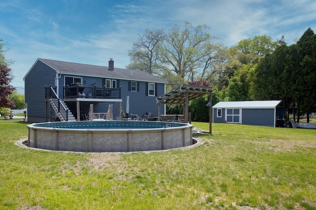 139 Barneyville Rd, Swansea, MA 02777 - back of property with a pergola, stairway, a chimney, a deck, and an outdoor pool