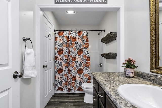 1 Lois Ln, Townsend, MA 01469 - bathroom featuring vanity, wood finished floors, toilet, and curtained shower
