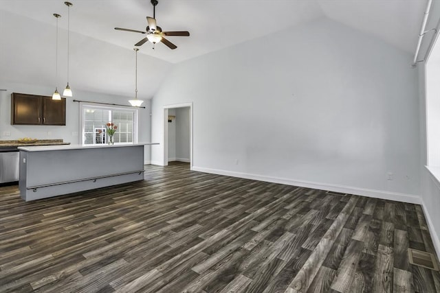 1 Lois Ln, Townsend, MA 01469 - unfurnished living room with baseboards, a ceiling fan, dark wood-style flooring, and vaulted ceiling