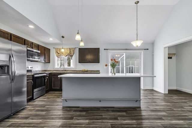1 Lois Ln, Townsend, MA 01469 - kitchen featuring appliances with stainless steel finishes, dark wood-type flooring, recessed lighting, and lofted ceiling