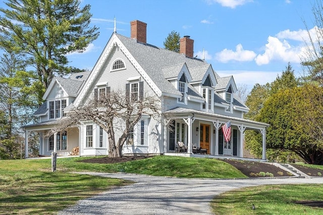 view of front of house featuring a porch, a chimney, a shingled roof, and a front lawn