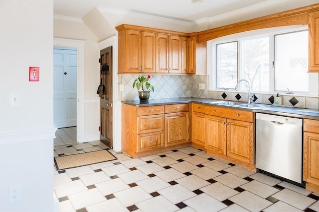 kitchen featuring sink, dishwasher, ornamental molding, and tasteful backsplash