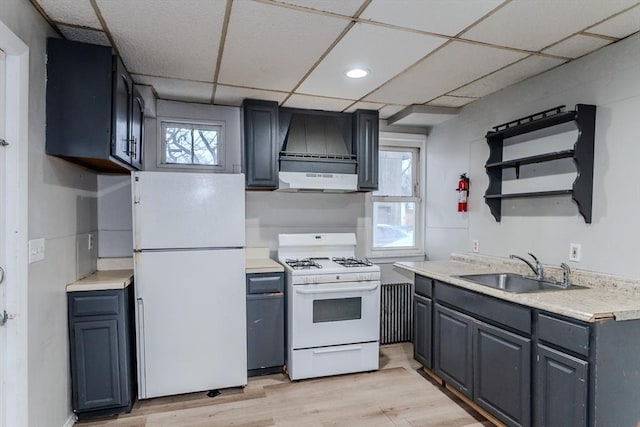 kitchen featuring open shelves, light countertops, light wood-style flooring, a sink, and white appliances