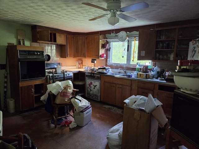 417 Bigelow St, Marlborough, MA 01752 - kitchen featuring oven, open shelves, gas range, ceiling fan, and brown cabinets
