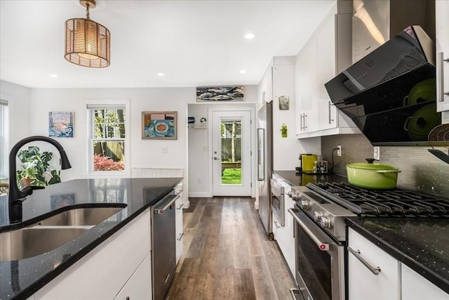 kitchen with a sink, stainless steel appliances, dark wood-style flooring, and a wealth of natural light