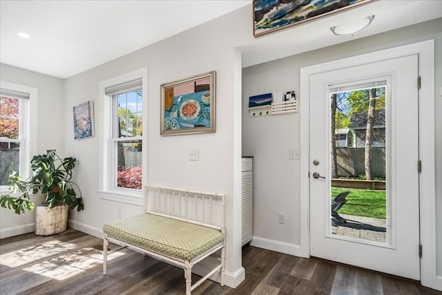 doorway to outside featuring recessed lighting, baseboards, plenty of natural light, and dark wood-type flooring