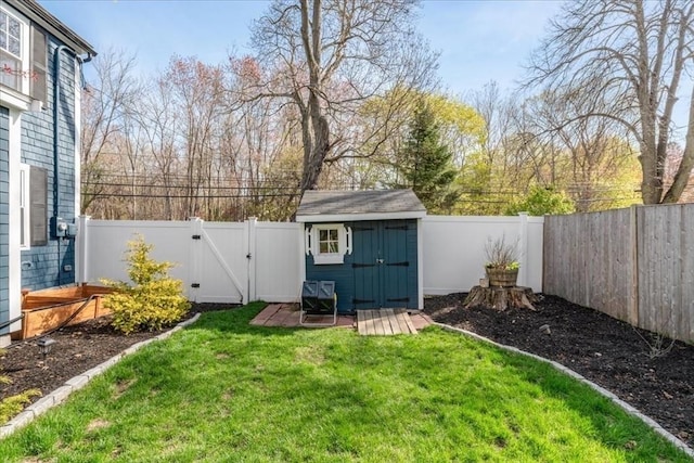 view of shed featuring a gate and a fenced backyard
