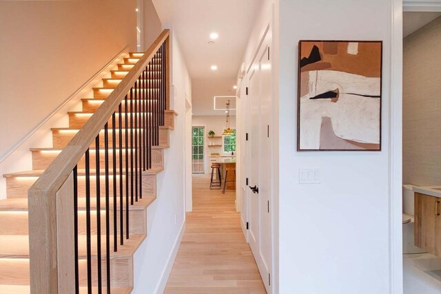 276-278 Nevada Unit 276, Newton, MA 02460 - hall with light wood-style flooring, stairs, and recessed lighting