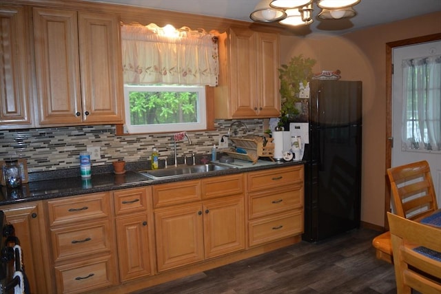181 Adrian Ave, West Springfield, MA 01089 - kitchen with freestanding refrigerator, decorative backsplash, a sink, dark wood-style floors, and plenty of natural light