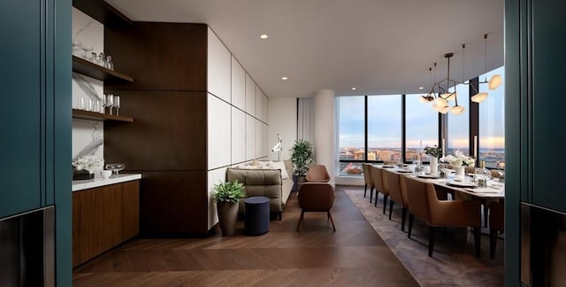 430 Stuart Unit 33F, Boston, MA 02116 - kitchen featuring modern cabinets, open shelves, a wall of windows, light countertops, and a chandelier
