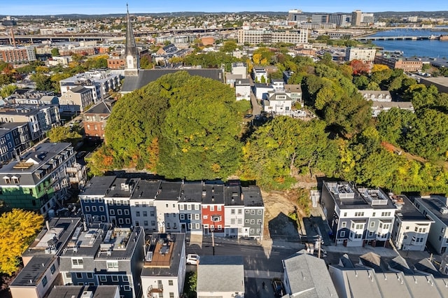 bird's eye view with a water view