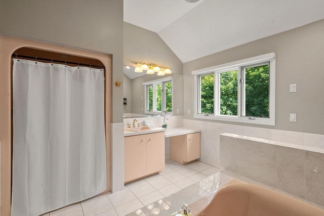 66 Ashcroft Rd, Sharon, MA 02067 - full bathroom featuring tile patterned floors, vanity, vaulted ceiling, a bath, and a shower with shower curtain