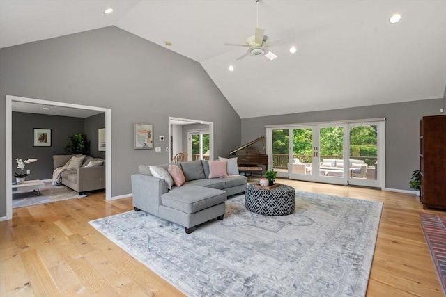 66 Ashcroft Rd, Sharon, MA 02067 - living room featuring high vaulted ceiling, recessed lighting, a ceiling fan, light wood-style floors, and baseboards
