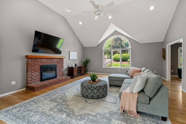 66 Ashcroft Rd, Sharon, MA 02067 - living area featuring a ceiling fan, wood finished floors, vaulted ceiling, recessed lighting, and baseboards