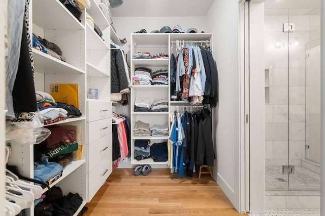 walk in closet with wood finished floors