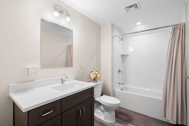 full bath with toilet, visible vents, shower / bathtub combination with curtain, and vanity
