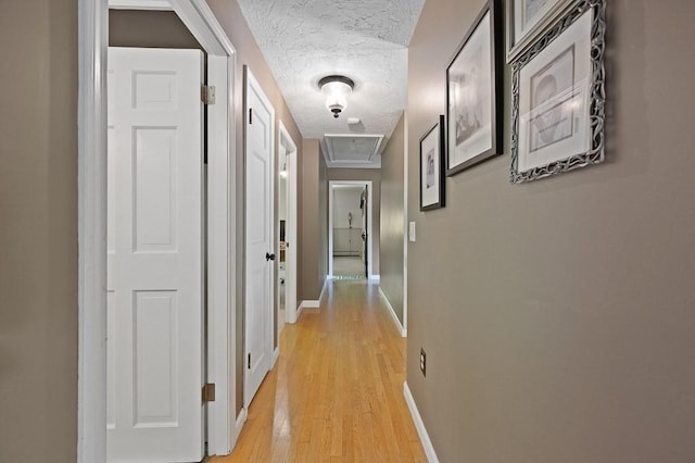 3 Squantum Rd, Paxton, MA 01612 - hall featuring a textured ceiling, light wood-type flooring, baseboards, and attic access