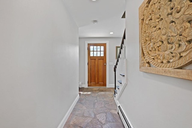 3 Squantum Rd, Paxton, MA 01612 - doorway with light stone finish floors, baseboards, recessed lighting, and stairway