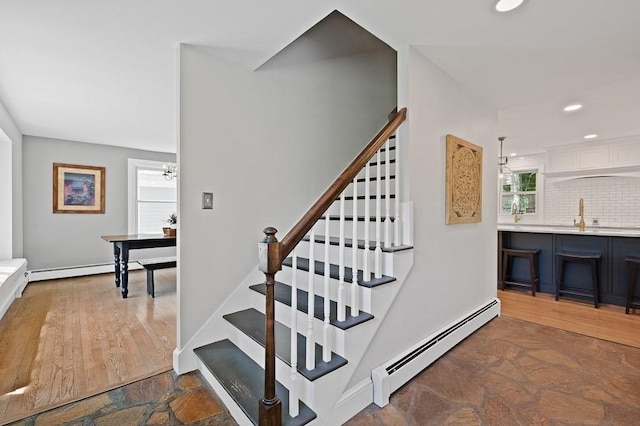 3 Squantum Rd, Paxton, MA 01612 - staircase featuring a baseboard radiator, stone finish floors, and recessed lighting