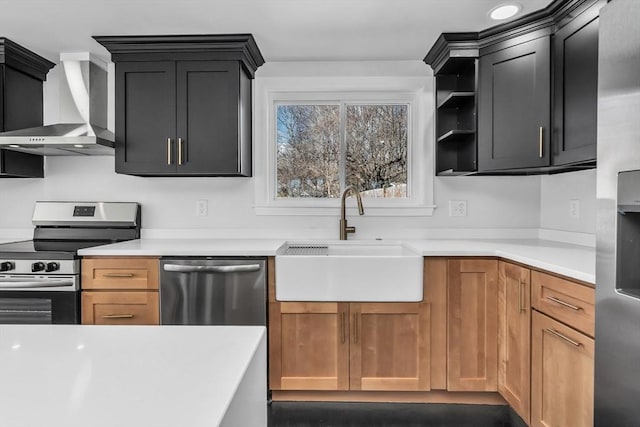 kitchen featuring a sink, open shelves, wall chimney range hood, stainless steel appliances, and light countertops