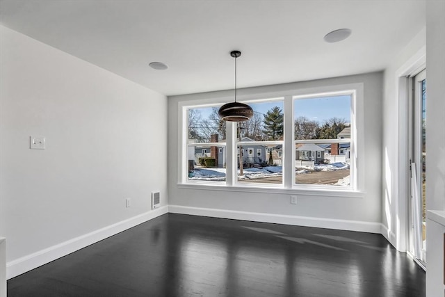 unfurnished dining area with dark wood finished floors, baseboards, and visible vents