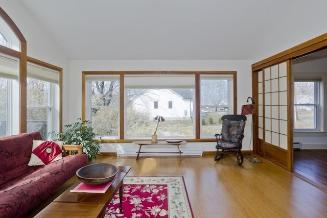 interior space featuring a baseboard radiator, a baseboard heating unit, and vaulted ceiling