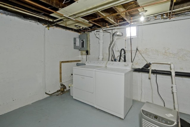 laundry room with laundry area, electric panel, and washing machine and dryer