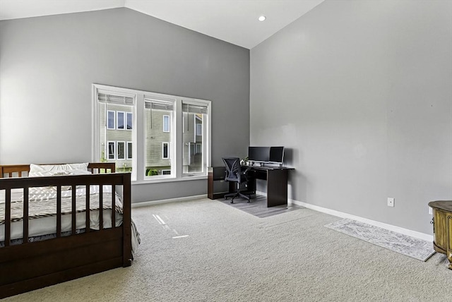 15 Queen Isabella Way Unit 15, Ashland, MA 01721 - bedroom featuring carpet flooring, a desk, high vaulted ceiling, and baseboards