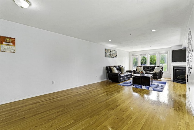 15 Queen Isabella Way Unit 15, Ashland, MA 01721 - living room featuring wood finished floors, a fireplace with flush hearth, recessed lighting, and baseboards