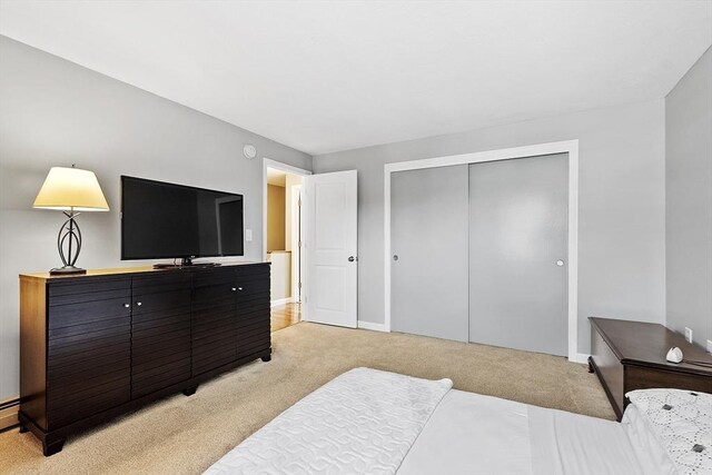 127 Bayberry Hill Ln Unit 127, Leominster, MA 01453 - bedroom with light carpet, a closet, baseboards, and a baseboard radiator