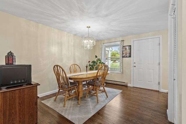 127 Bayberry Hill Ln Unit 127, Leominster, MA 01453 - dining space featuring a baseboard radiator, dark wood-style floors, a chandelier, and baseboards