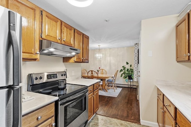 127 Bayberry Hill Ln Unit 127, Leominster, MA 01453 - kitchen with appliances with stainless steel finishes, under cabinet range hood, light countertops, and brown cabinetry