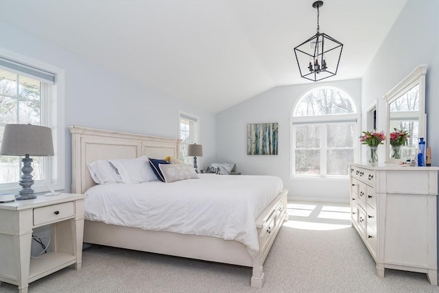 120 Hartford St, Natick, MA 01760 - bedroom featuring light colored carpet, a chandelier, and vaulted ceiling