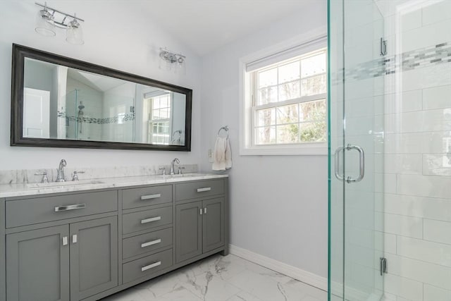 120 Hartford St, Natick, MA 01760 - full bathroom featuring marble finish floors, double vanity, a stall shower, baseboards, and vaulted ceiling