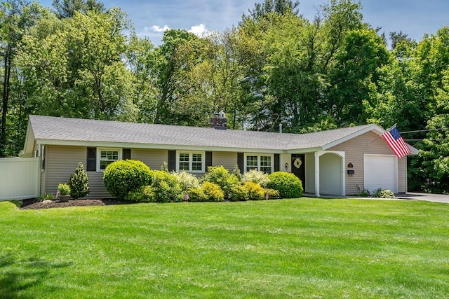120 Hartford St, Natick, MA 01760 - ranch-style house with an attached garage, a chimney, driveway, and roof with shingles