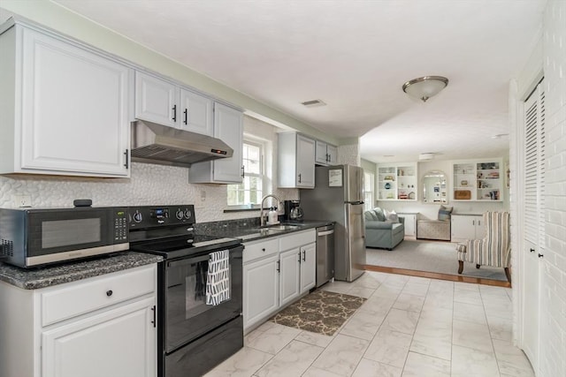 120 Hartford St, Natick, MA 01760 - kitchen featuring stainless steel appliances, under cabinet range hood, a sink, light marble finish flooring, and open floor plan