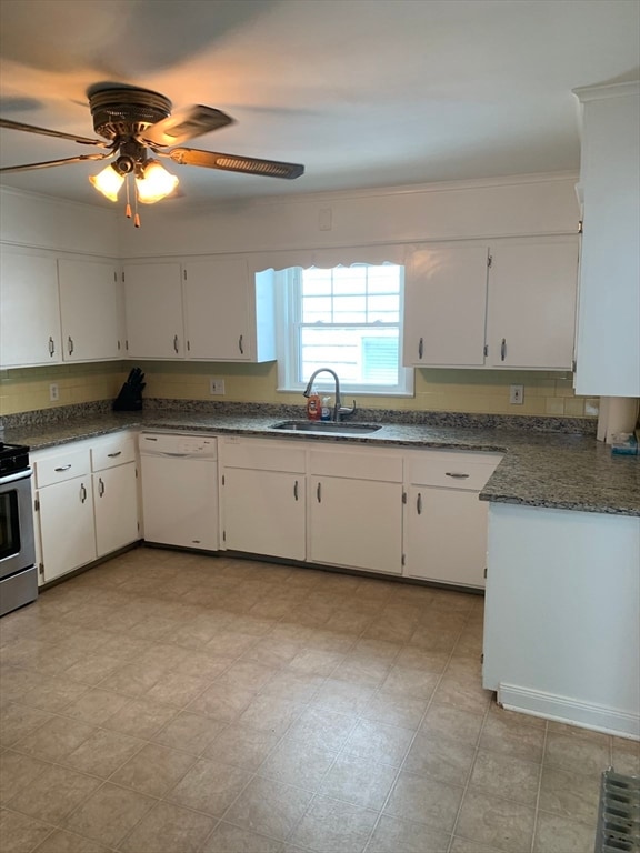 kitchen with white cabinetry, sink, stainless steel electric range oven, ceiling fan, and white dishwasher