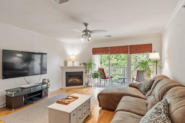 1818 Main St Unit 307, Holden, MA 01522 - living room with crown molding, light wood-style floors, ceiling fan, a glass covered fireplace, and baseboards