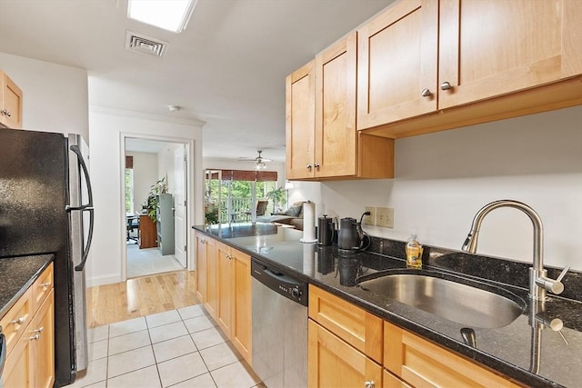 1818 Main St Unit 307, Holden, MA 01522 - kitchen featuring dishwasher, freestanding refrigerator, a sink, and light brown cabinetry