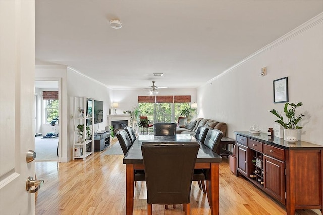 1818 Main St Unit 307, Holden, MA 01522 - dining area featuring ornamental molding, a glass covered fireplace, light wood-style floors, and a ceiling fan
