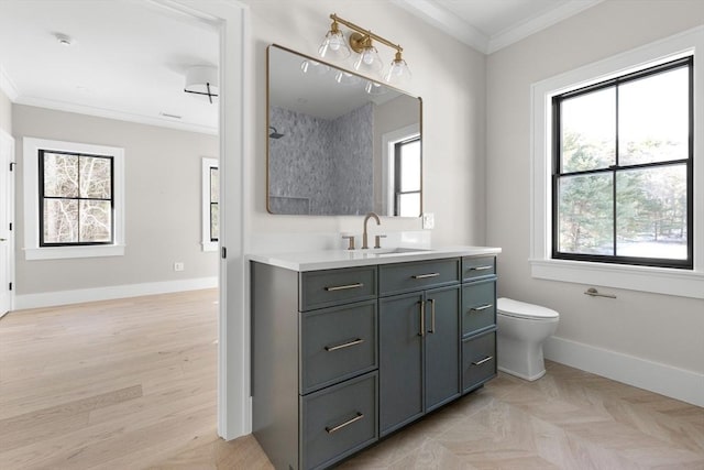 bathroom featuring toilet, vanity, and ornamental molding