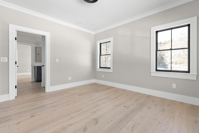 unfurnished room with light wood-type flooring and crown molding