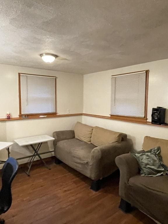 sitting room with baseboard heating, wood-type flooring, and a textured ceiling