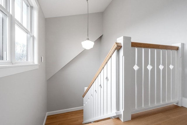 staircase with baseboards, a healthy amount of sunlight, and wood finished floors