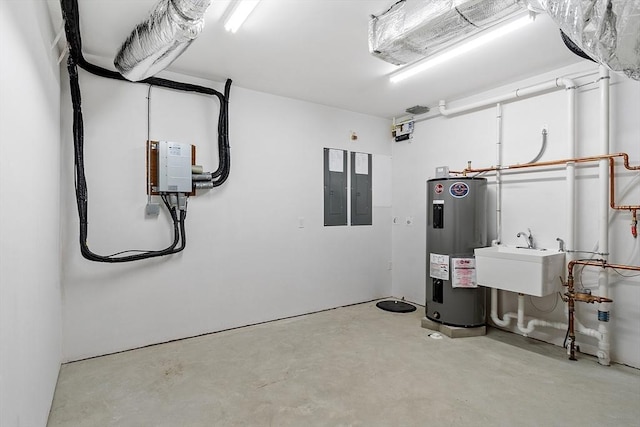 utility room featuring a sink, electric panel, and electric water heater