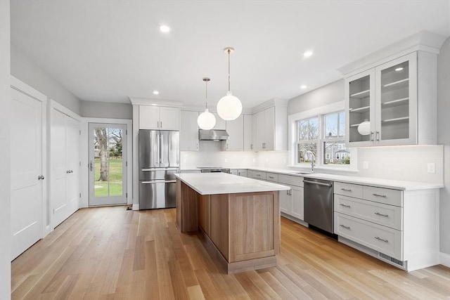 kitchen featuring light countertops, light wood finished floors, appliances with stainless steel finishes, and a sink