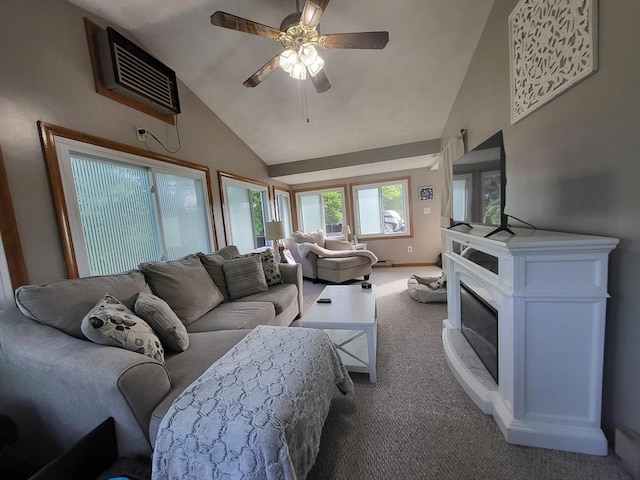 39 Cheever Rd, Malden, MA 02148 - carpeted living area featuring a ceiling fan, high vaulted ceiling, and a wall unit AC