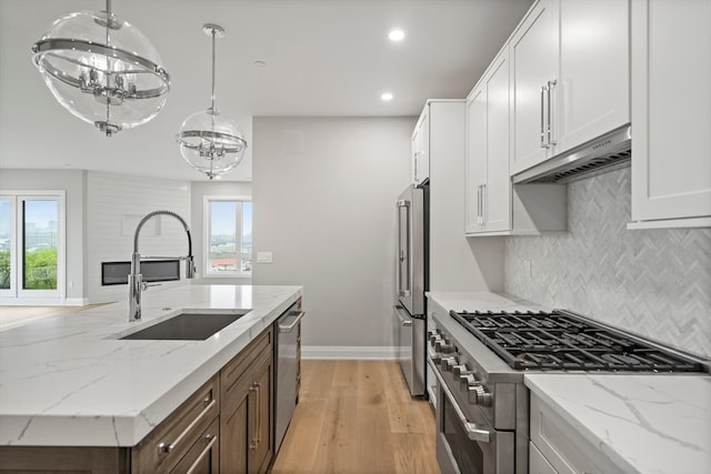 kitchen with plenty of natural light, tasteful backsplash, light hardwood / wood-style flooring, and premium appliances